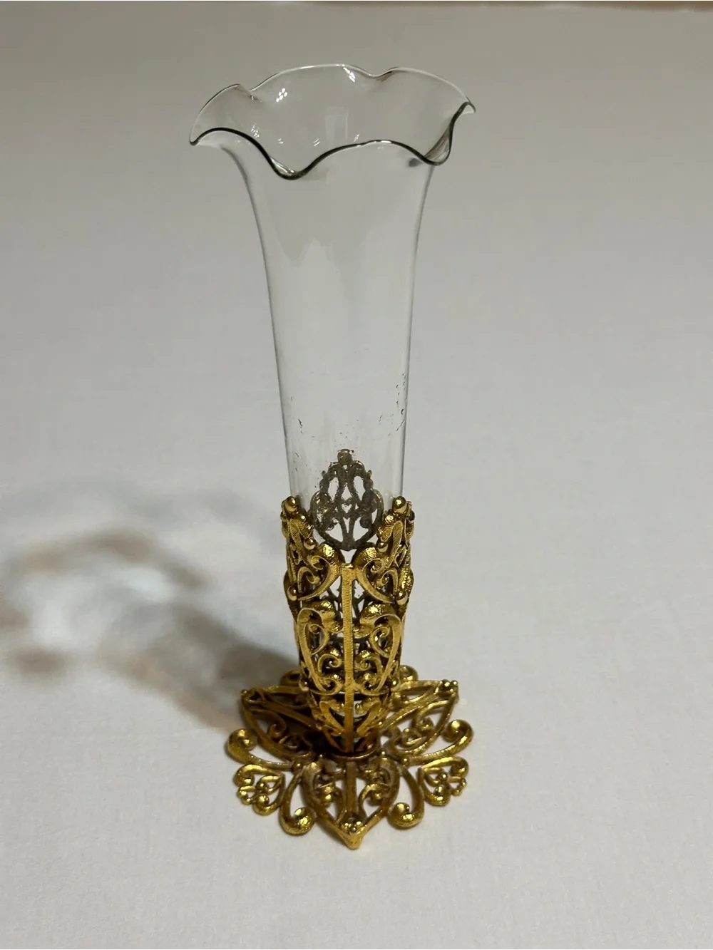 Ornate Gold Filigree Clear Glass Bud Vase